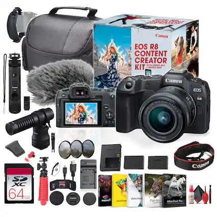 NT FOTL addaaa Canon EOS R8 CONTENT CREATOR WITH STEREO MIC KIT TRIPOD GRIP Canon Cmen - EOS - RF24-50mm LENS FG 14.5-6.3 CANON IS STM R8 Mom Mom Sewge CAmOT SP XC 64G GB
VideoStud PHOTOS PaintShop Canoe Codos - Painter AfterShot Pro essentials Canon AVE