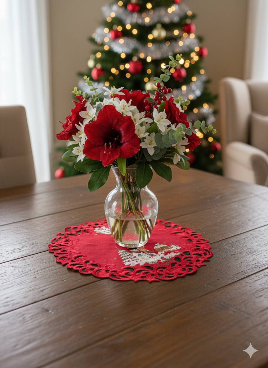 Angle. Jiallo - Snow Man Embroidered Cutwork Round Placemat, 8-Inch diameter Table Linen - Red.