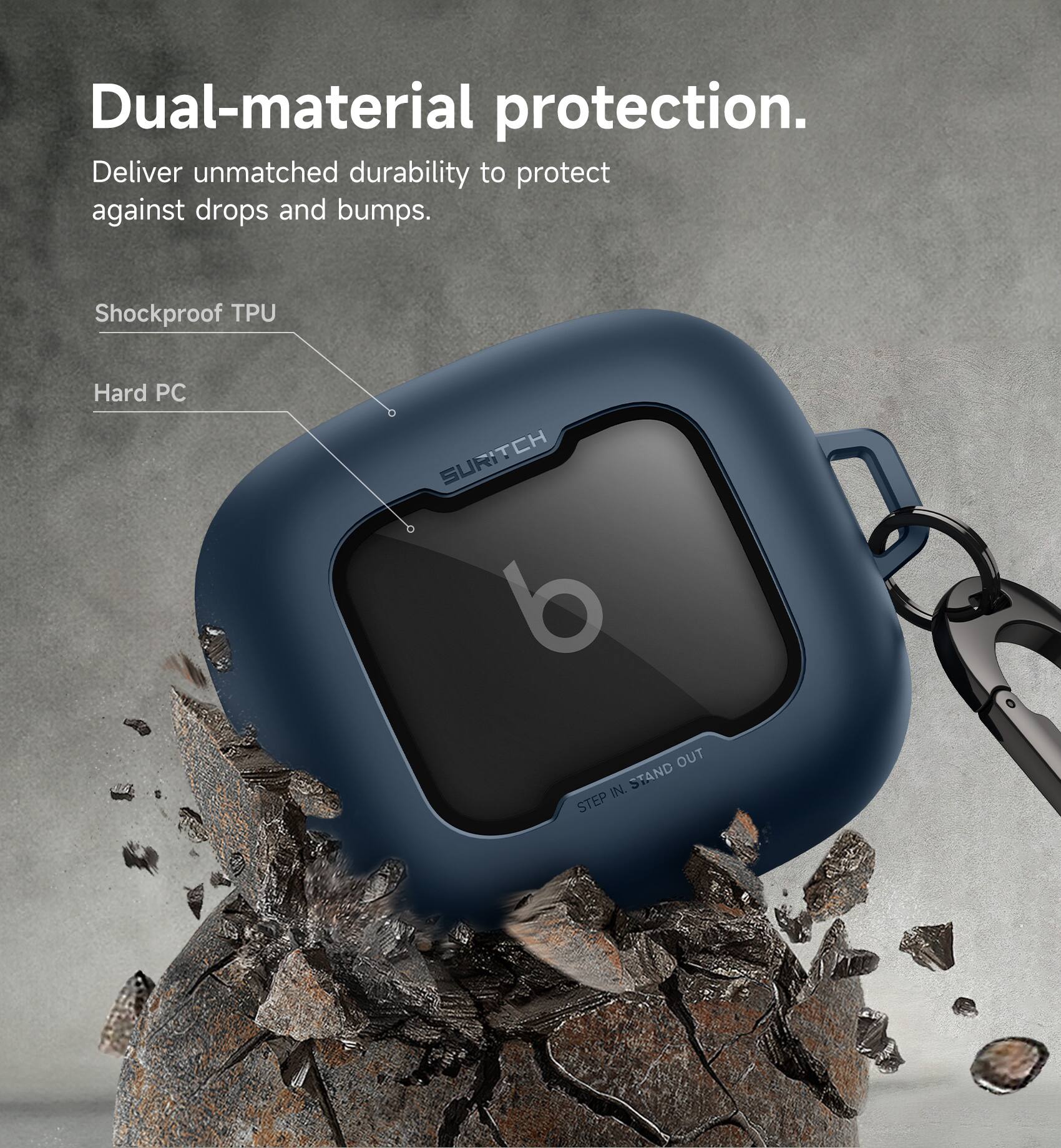 Dual-material protection. Deliver unmatched durability to protect against drops and bumps. Shockproof TPU Hard PC. SURTCH. STEP IN. STAND OUT.