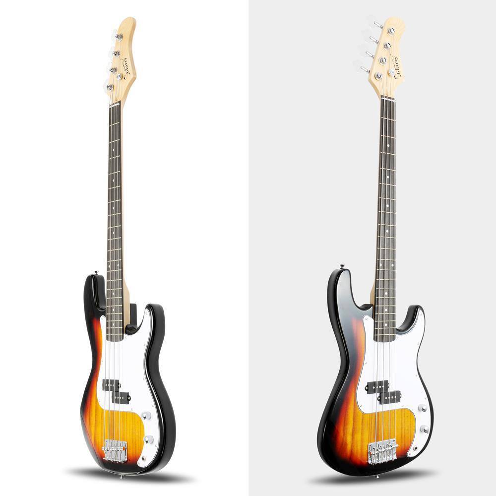 Angle. Winado - Full Size Electric Bass Guitar Beginner Kit 4 String Exquisite Basswood Bass with 20W AMP, Cable, Strap, Bag.