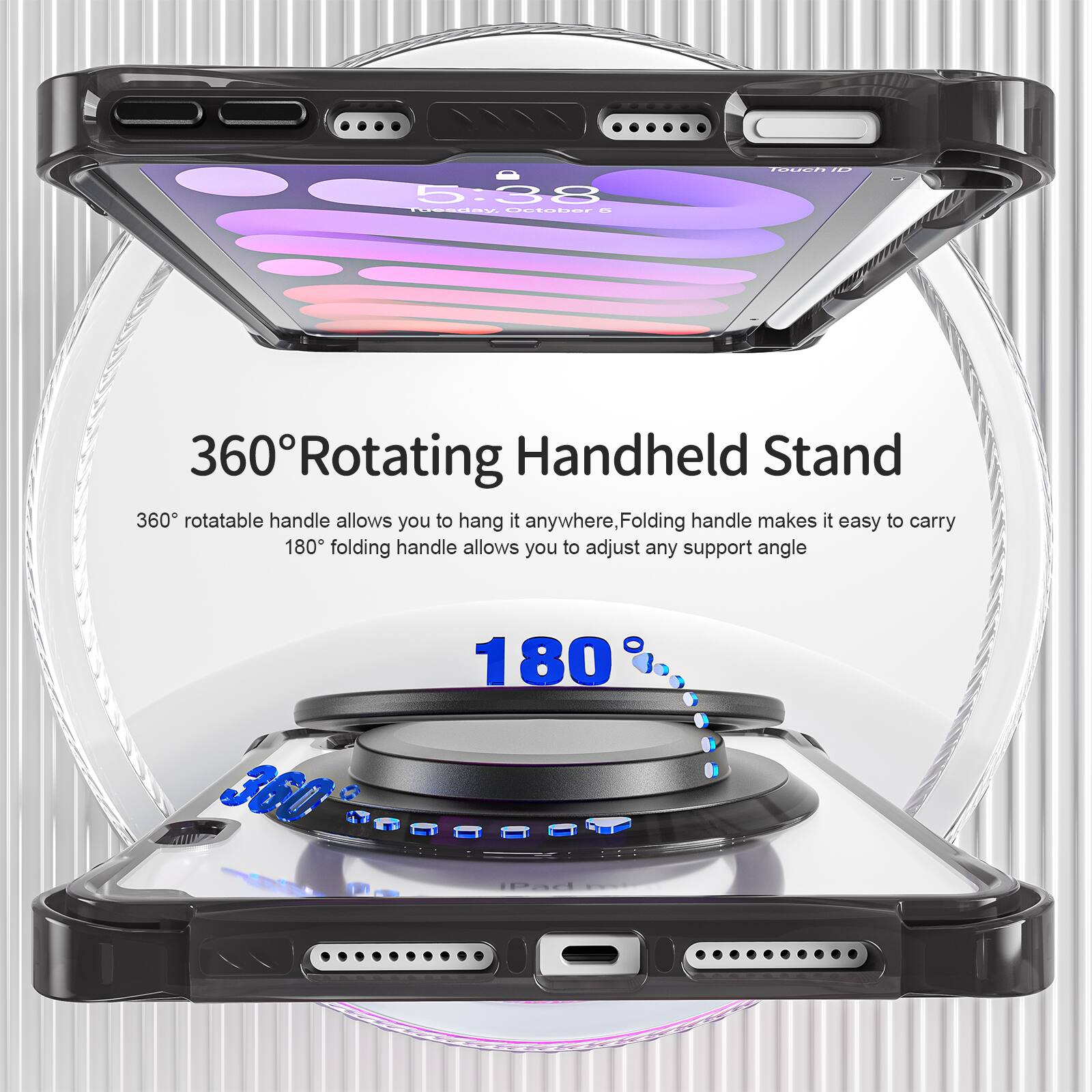 5.33 Sday Ut888r - fuU .. 360 Rotating Handheld Stand

360° Rotatable handle allows you to hang it anywhere, Folding handle makes it easy to carry

180° folding handle allows you to adjust any support angle