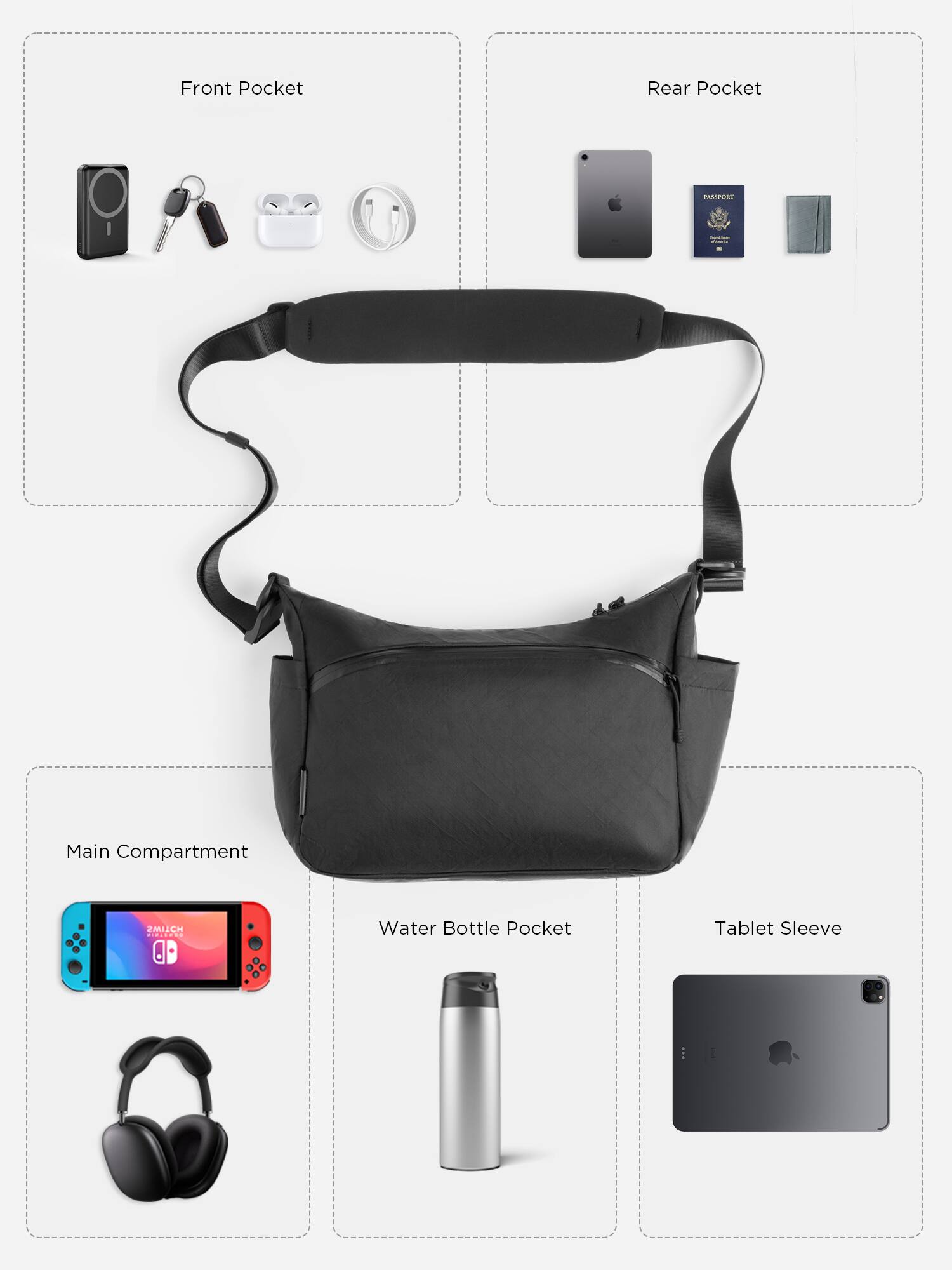 Front Pocket  
Rear Pocket  
Main Compartment  
Water Bottle Pocket  
Tablet Sleeve