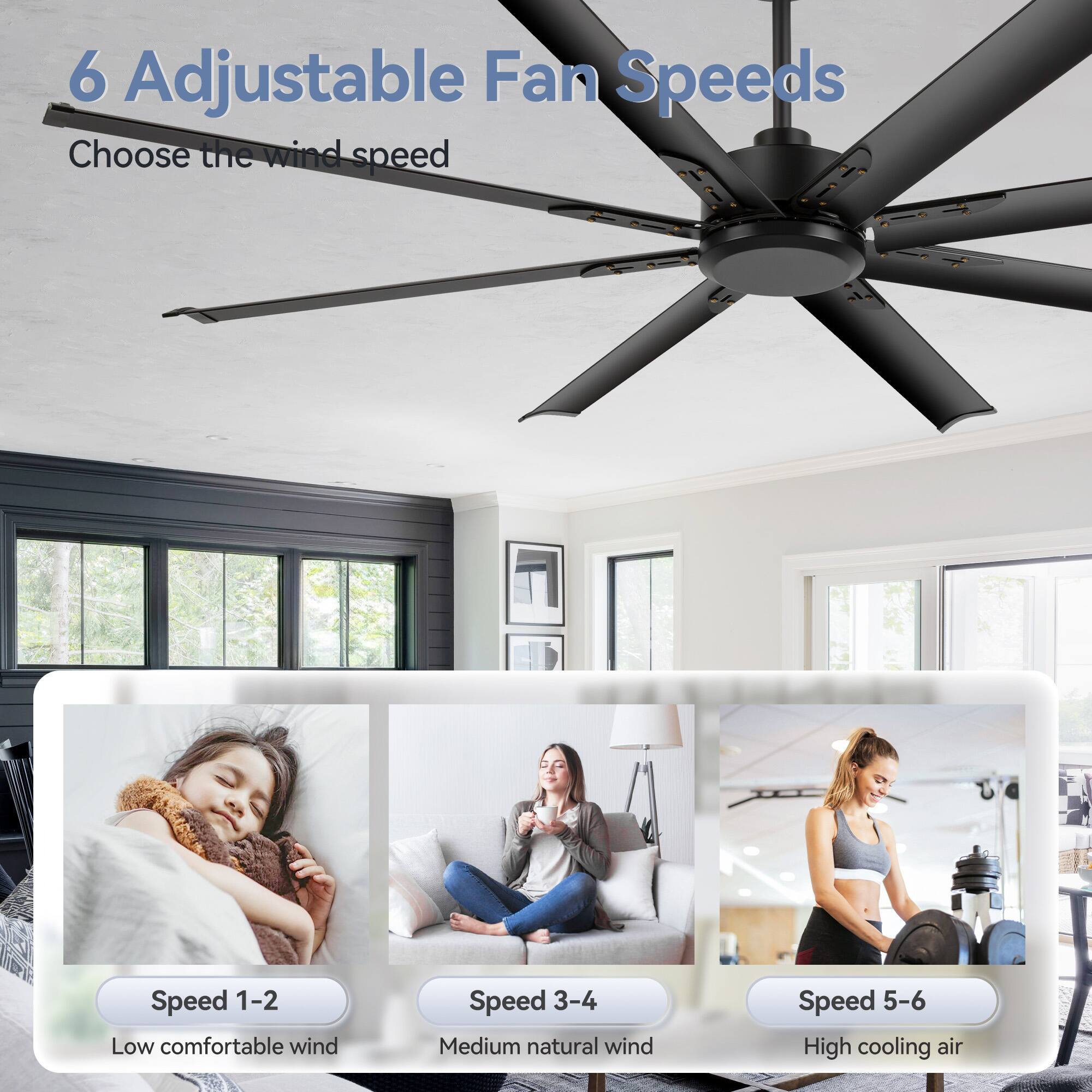 6 Adjustable Fan Speeds

Choose the wind speed

Speed 1-2 Low comfortable wind

Speed 3-4 Medium natural wind

Speed 5-6 High cooling air