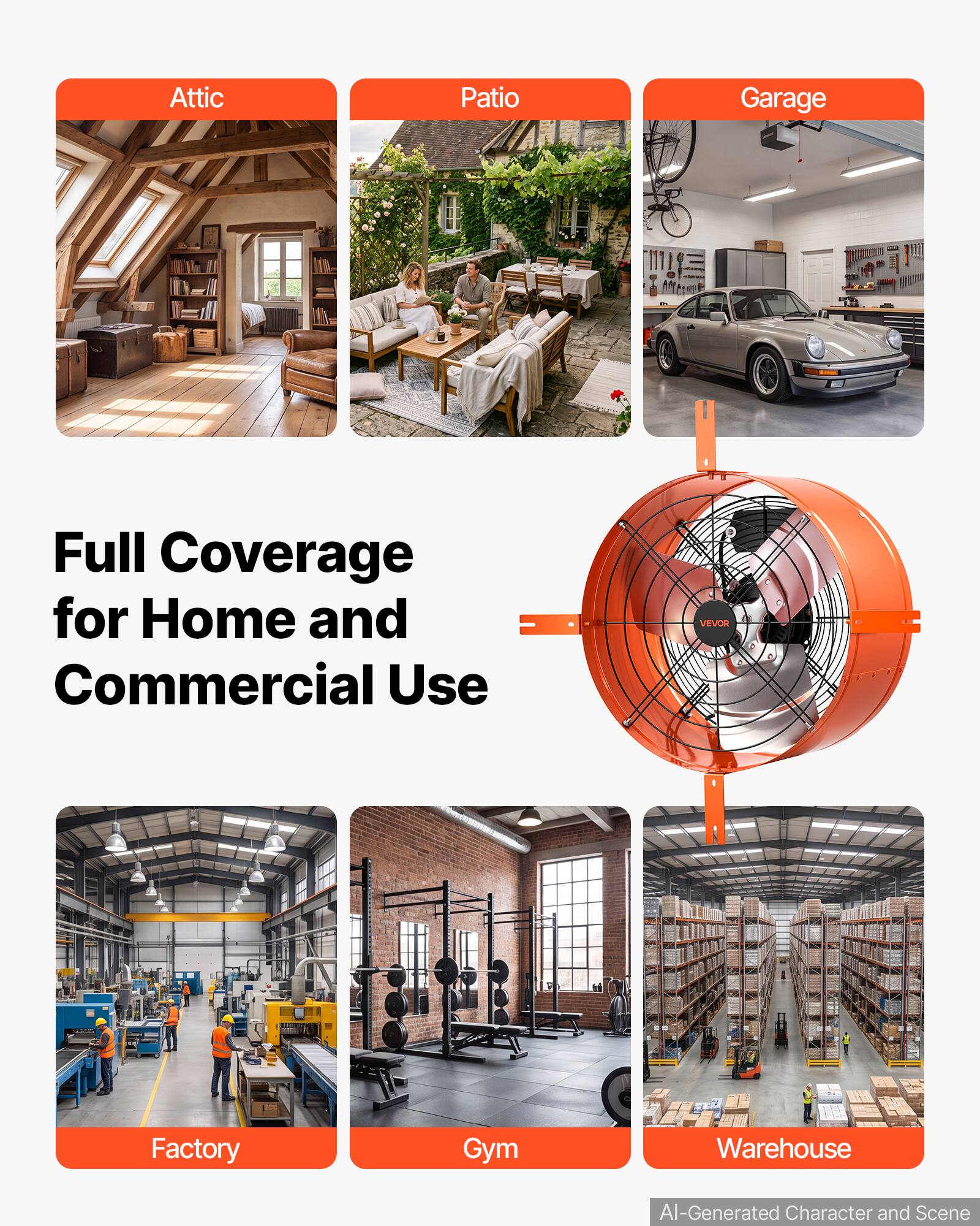 Attic  
Patio  
Garage  
1111  
Full Coverage for Home and Commercial Use  
VEVOR  
HA  
Factory  
Gym  
Warehouse  
AI-Generated Character and Scene