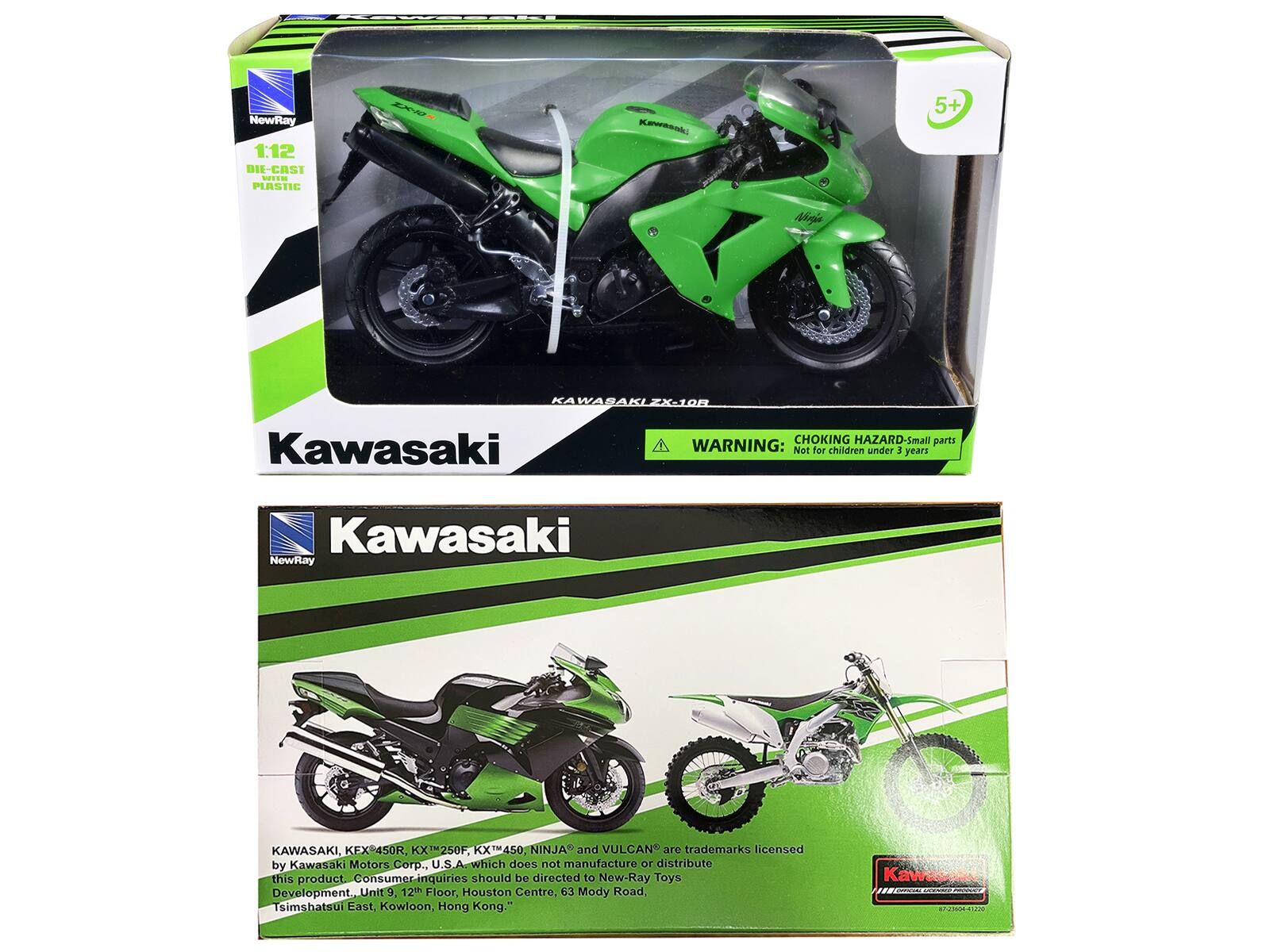 NewRay 1:12 DIE-CAST .. PLASTIC -0 Kewesnic a 5+ 4 shoia KAWASAKI ZX-10R Kawasaki CHOKING HAZARD-Small parts WARNING: Not for children under 3 years Kawasaki NewRay KAWASAKI, KFX=450R K X250F KX450. NINJA and VULCAN are trademarks licensed by Kawasaki Motors Corp., U.S.A. which does not manufacture or distribute this product. Consumer inquiries should be directed to New-Ray Toys Development Unit 9, 12th Floor, Houston Centre, 63 Mody Road, Tsimshatsui East, Kowloon, Hong Kong."