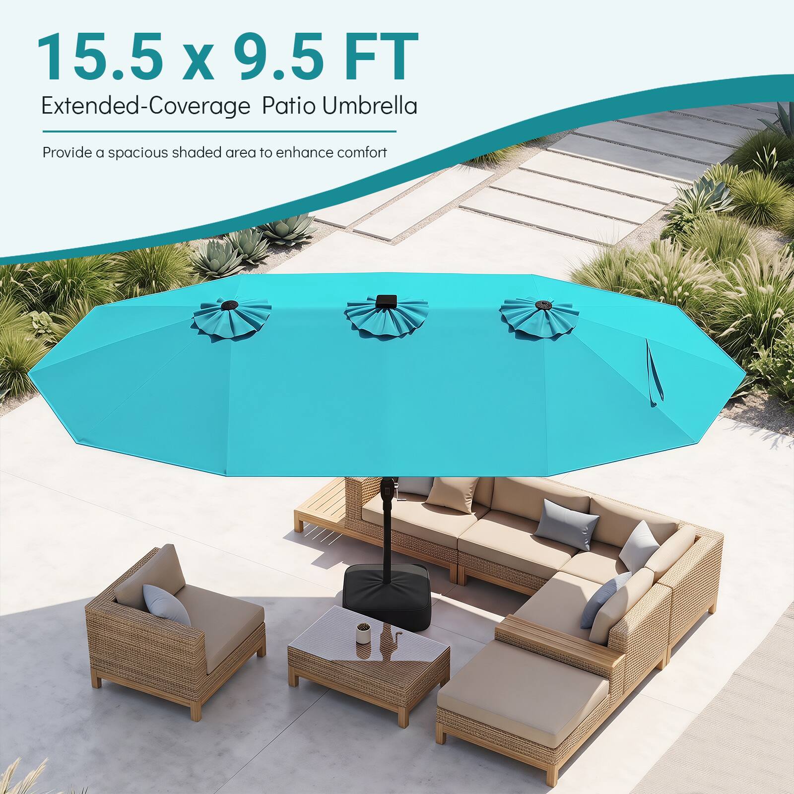 15.5 x 9.5 FT Extended-Coverage Patio Umbrella

Provide a spacious shaded area to enhance comfort