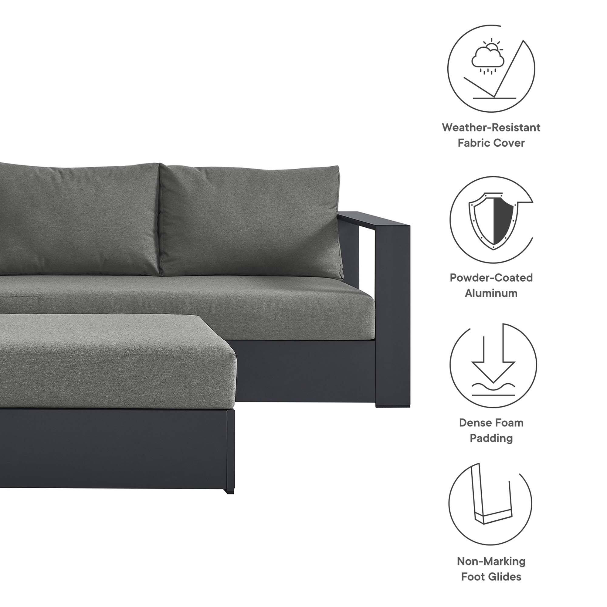 Weather-Resistant Fabric Cover  
Powder-Coated Aluminum  
Dense Foam Padding  
Non-Marking Foot Glides