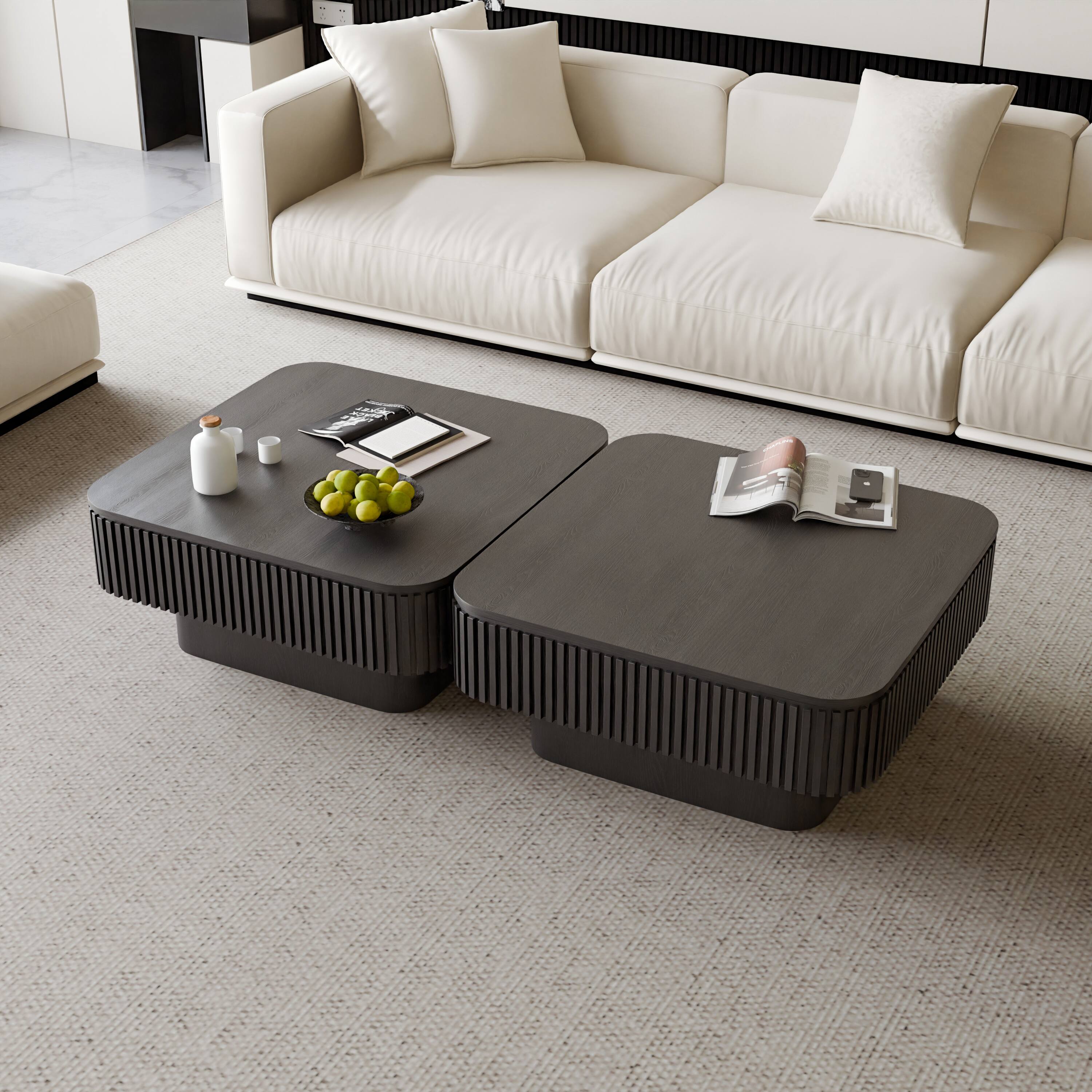Alt View 1. Loheer - Loheer 31.5 Inch Black Square Coffee Table with Storage Solid Wood Veneer Modern Low Profile Accent Table - Black.