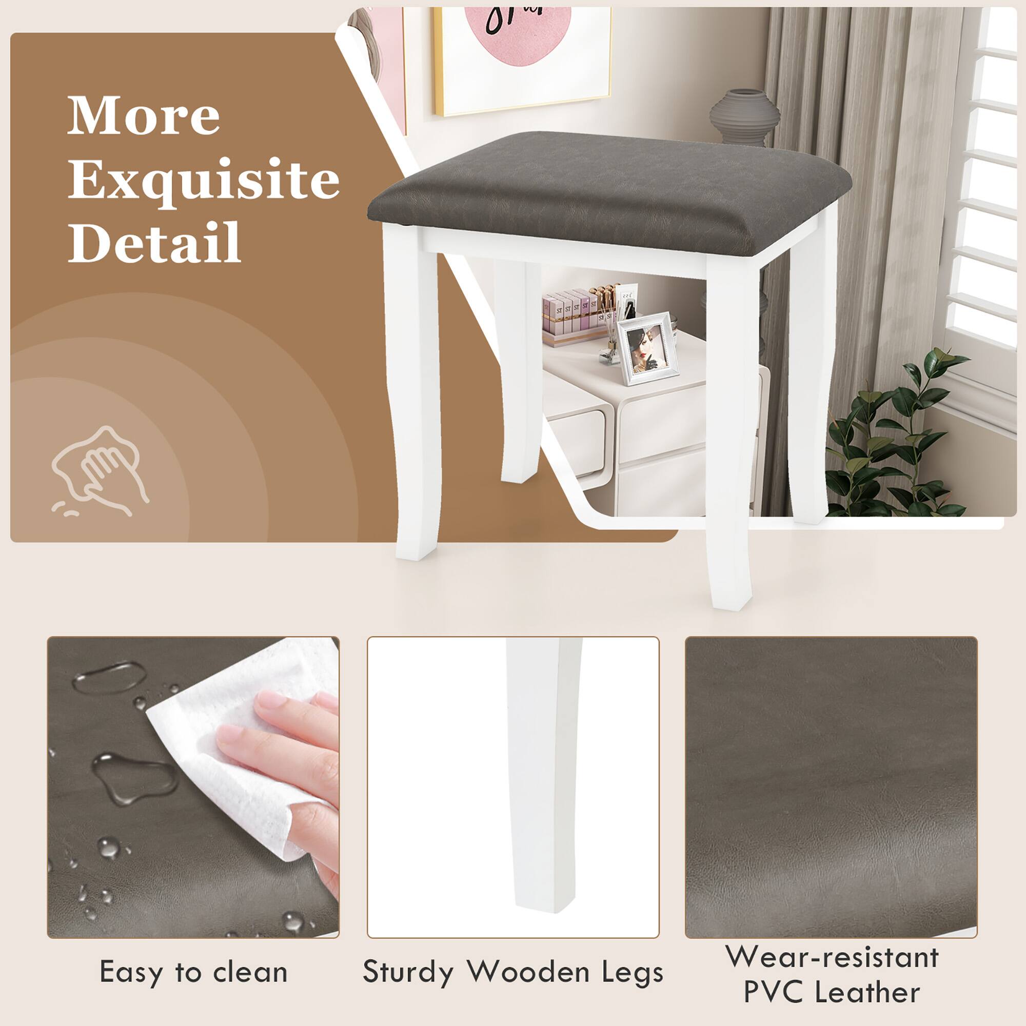 More Exquisite Detail

Easy to clean

Sturdy Wooden Legs

Wear-resistant PVC Leather