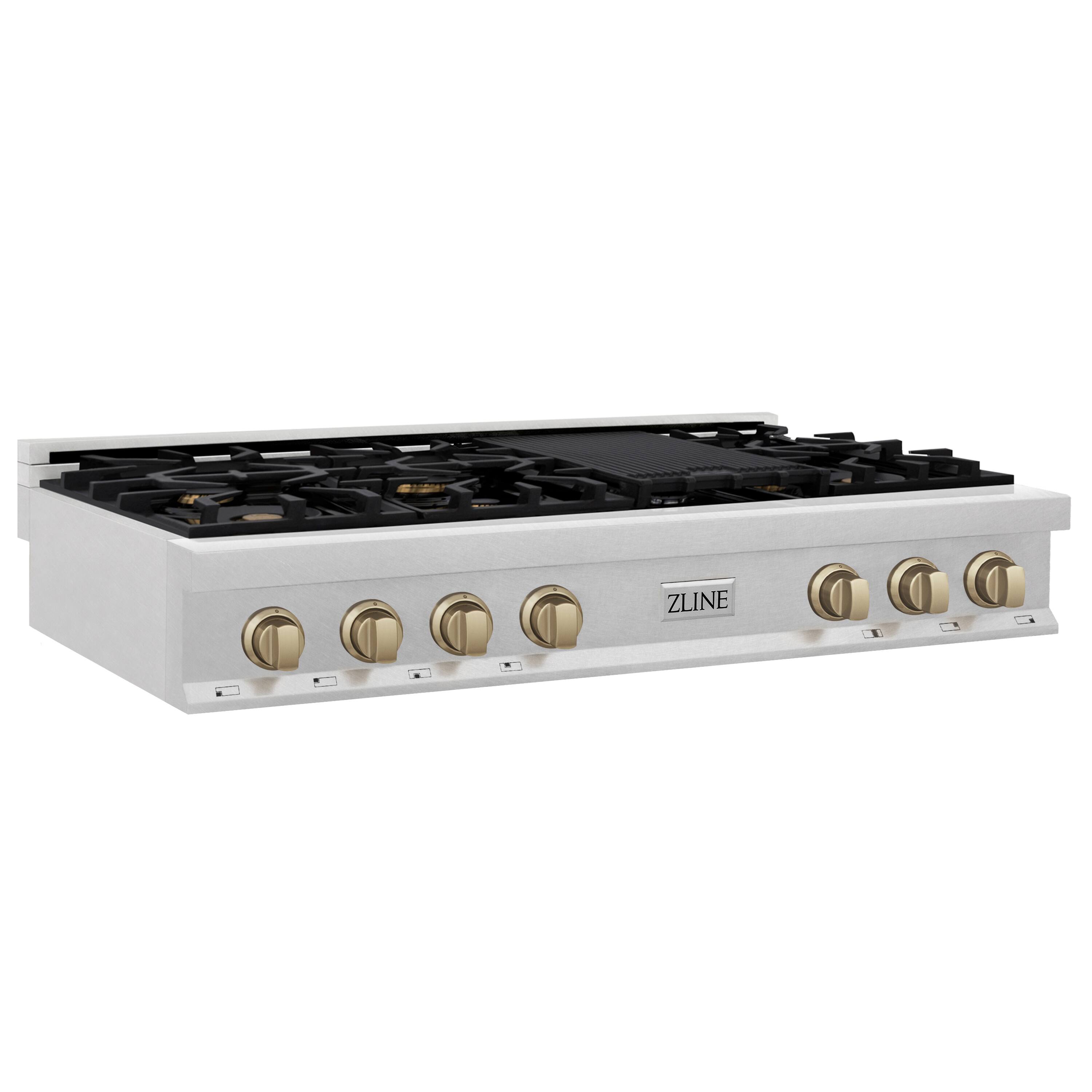Back. ZLINE - Autograph 48 in. Legacy Gas Rangetop with 7 Burners and Porcelain Cooktop in Satin Stainless with Champagne Accents - Satin Stainless Steel.