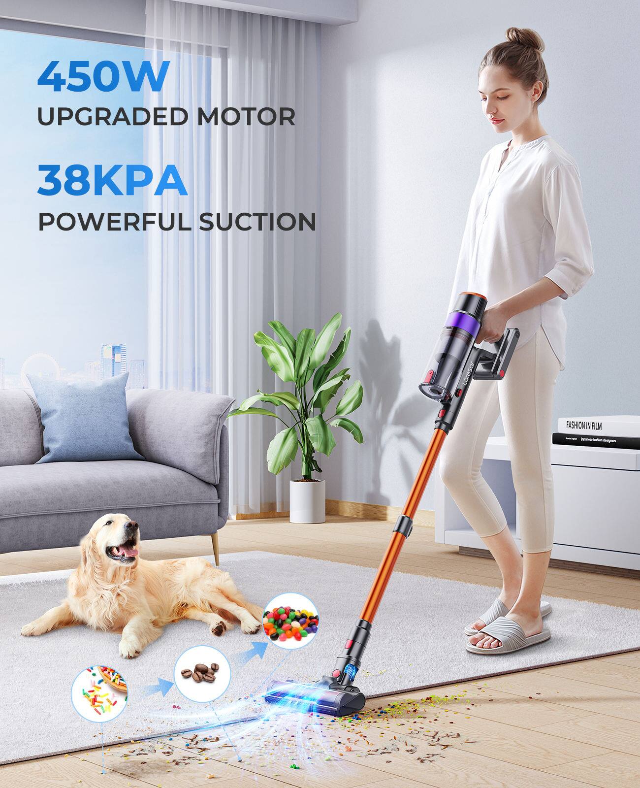 450W UPGRADED MOTOR  
38KPA POWERFUL SUCTION  
FASHION IN FILM