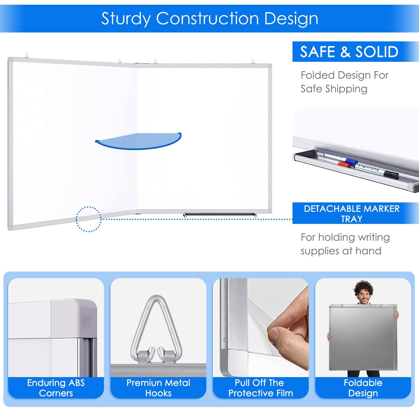 Sturdy Construction Design

SAFE & SOLID
Folded Design For Safe Shipping

DETACHABLE MARKER TRAY
For holding writing supplies at hand

Enduring ABS Corners
Premium Metal Hooks
Pull Off The Protective Film
Foldable Design