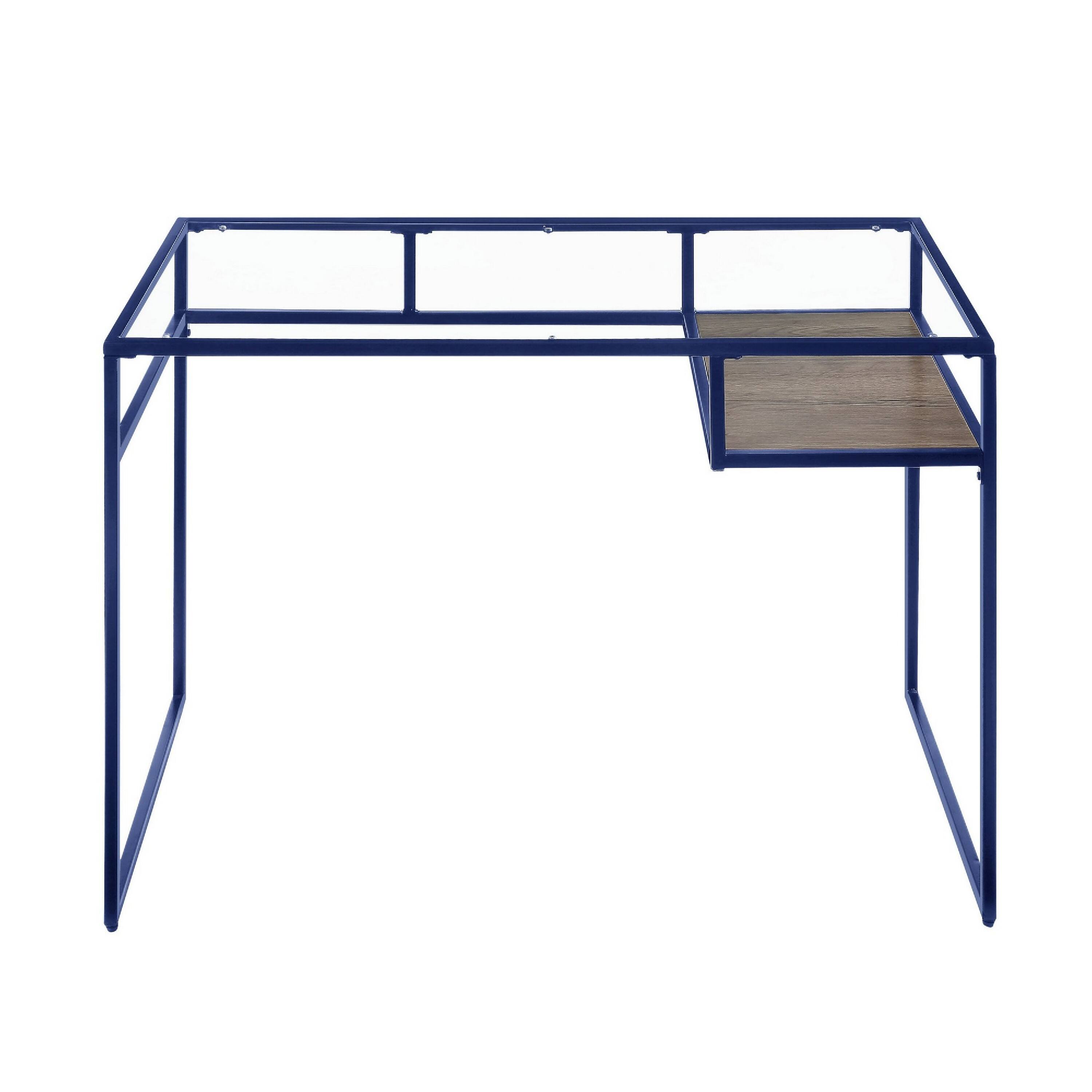 Left. Manhattan Lane - Rectangular Glass Top Desk with Open Compartment and Sled Base, Blue - Blue.