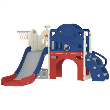 Front. Qaba - 8 in 1 Toddler Slide Set, Kids Climber Slider with Basketball Hoop and Ball, Ring Toss, Telescope, Storage, Playground.