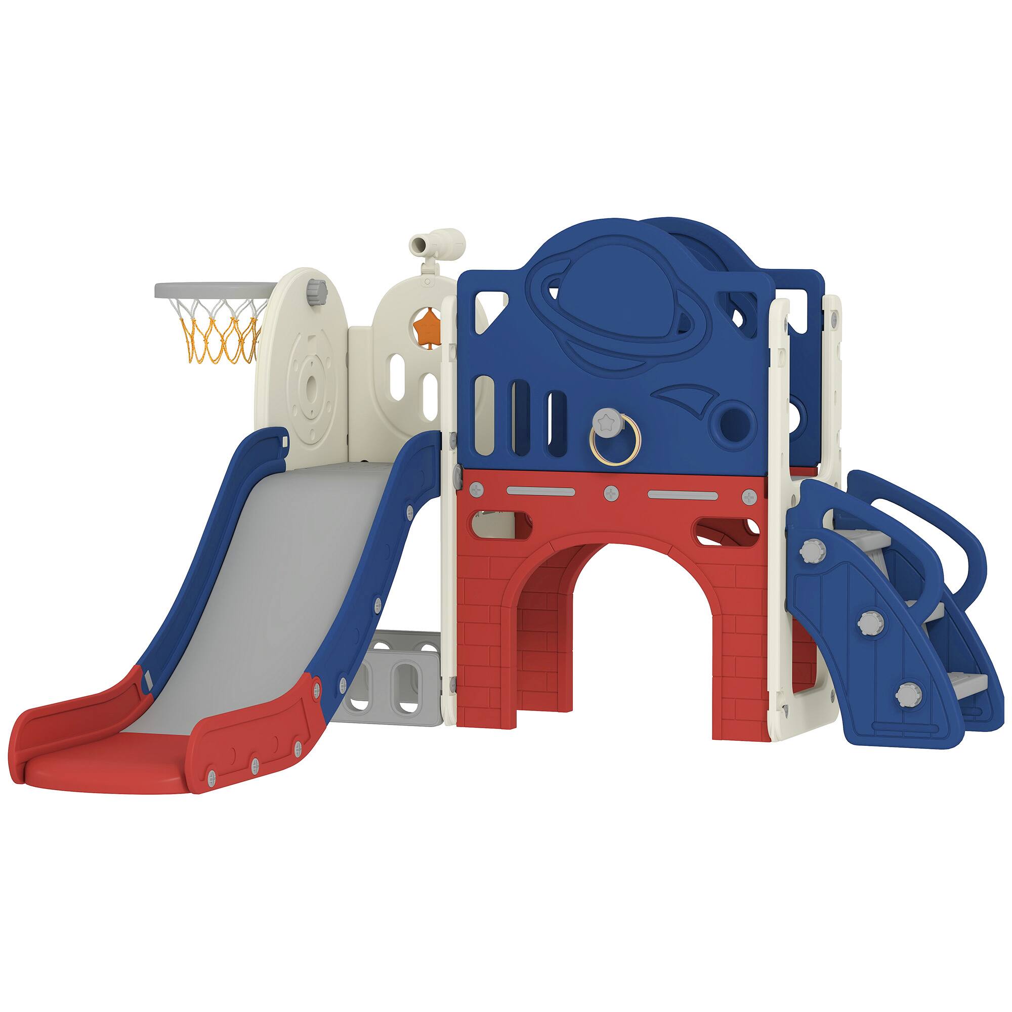 Qaba - 8 in 1 Toddler Slide Set, Kids Climber Slider with Basketball Hoop and Ball, Ring Toss, Telescope, Storage, Playground