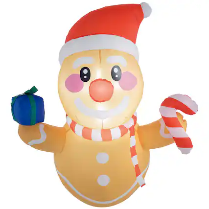 Front. Outsunny - 3.4' Christmas Inflatables Hanging Gingerbread Man Holding Gift Box and Candy Cane with White LED Light for Garden Party - Brown.