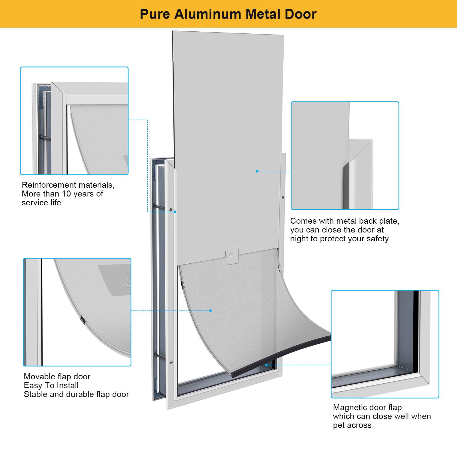 Pure Aluminum Metal Door

- Reinforcement materials, More than 10 years of service life
- Comes with metal back plate, you can close the door at night to protect your safety
- Movable flap door
- Easy To Install
- Stable and durable flap door
- Magnetic door flap which can close well when pet across