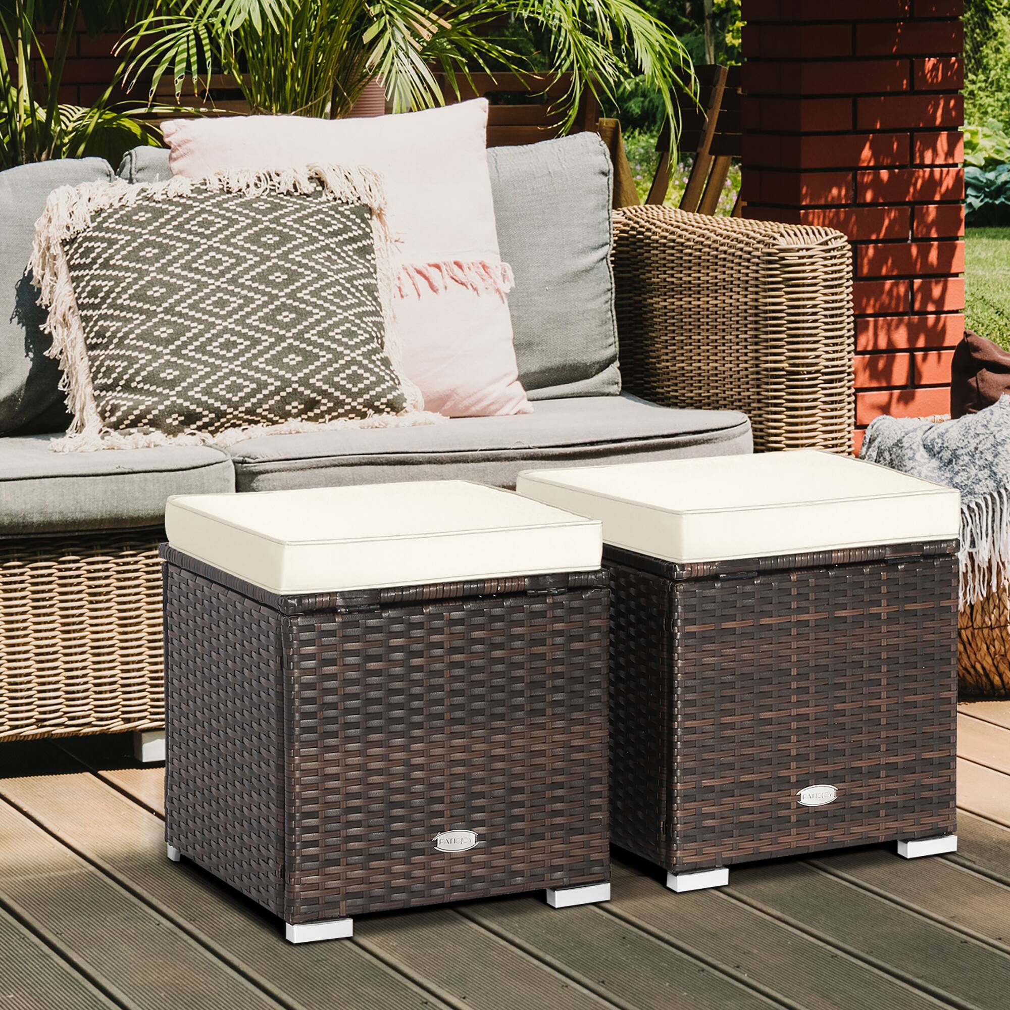 Alt View 2. Gymax - Gymax 2PCS Outdoor Patio Ottomans Hand-Woven PE Wicker Footstools w/ Removable Cushions Off White - Off White.
