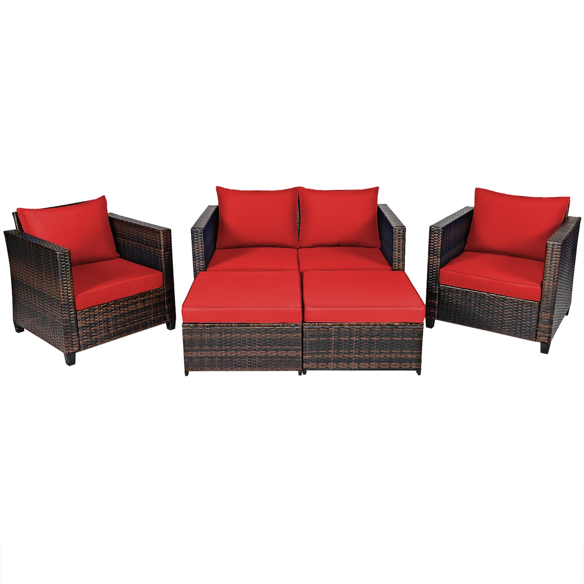 Alt View 9. Gymax - Gymax 5PCS Outdoor Patio Rattan Conversation Sofa Furniture Set w/ Red Cushions - Red.