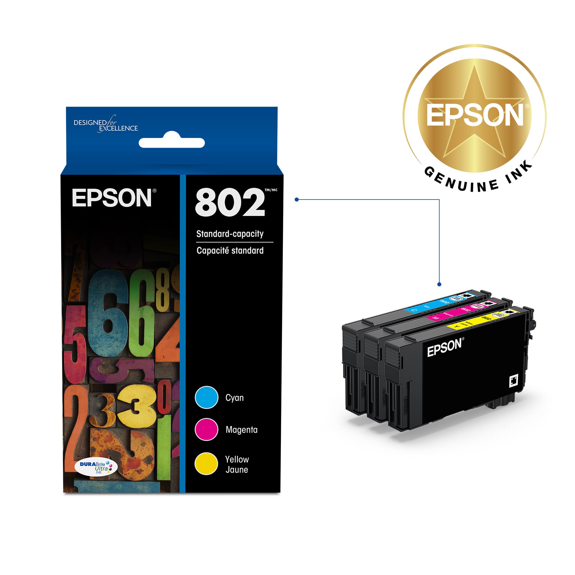 EPSON 802 Standard-capacity Cartridge, 8 colors, Cyan, Magenta, Yellow, Black, Violet, Red, Green, Blue, Orange, Pink, Gray, White, Designed Excellence, Genuine Ink.