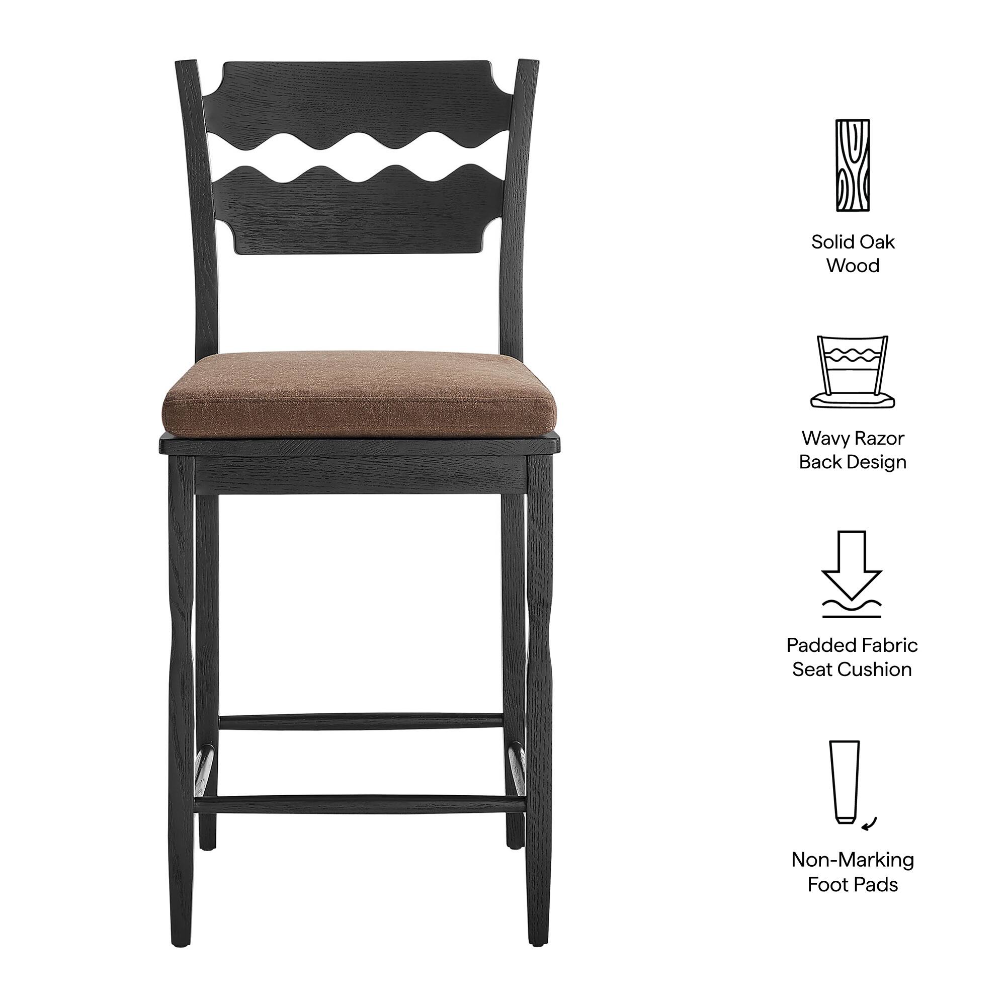 Solid Oak Wood Wavy Razor Back Design Padded Fabric Seat Cushion Non-Marking Foot Pads