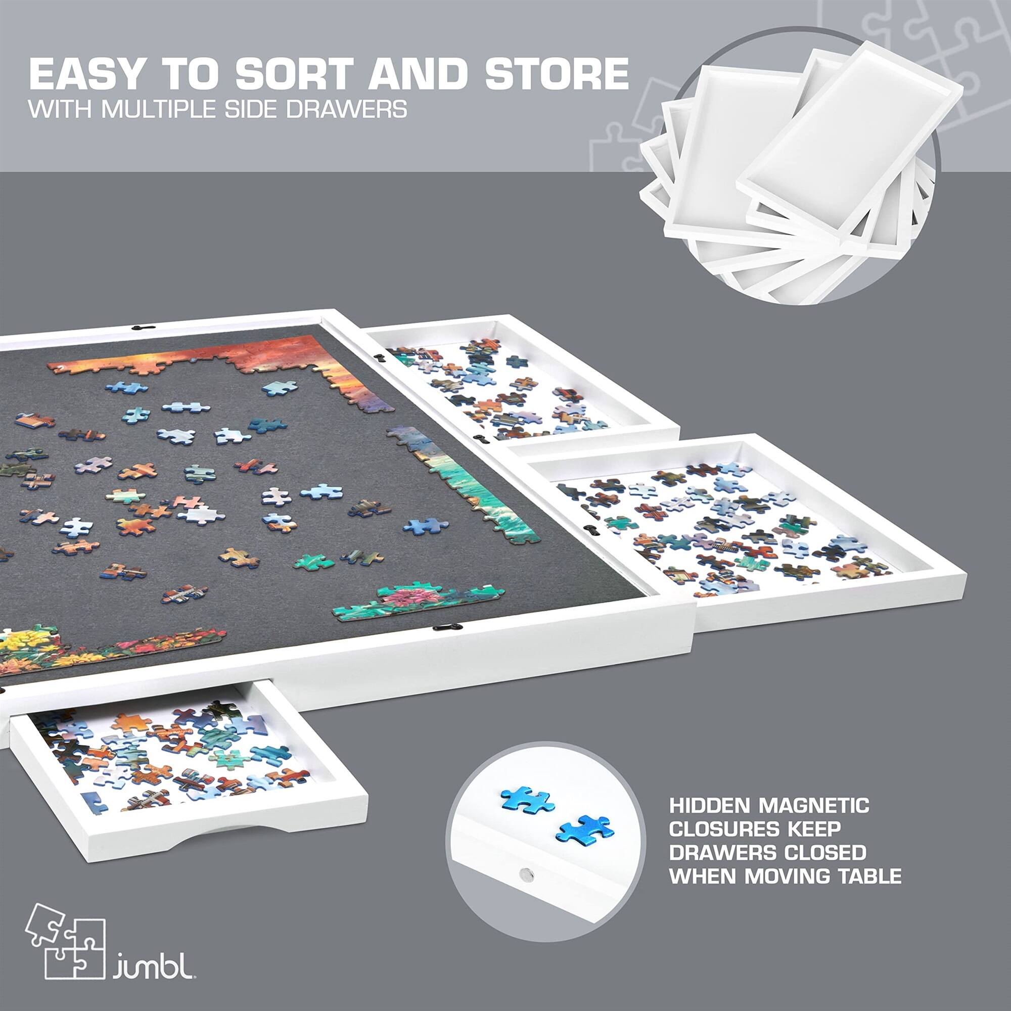 EASY TO SORT AND STORE WITH MULTIPLE SIDE DRAWERS
HIDDEN MAGNETIC CLOSURES KEEP DRAWERS CLOSED WHEN MOVING TABLE
jumbl