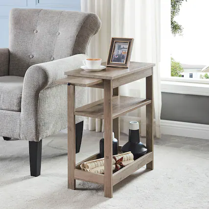 Front. Kings Brand Furniture - Kings Brand Furniture Slim Wood Side End Table with Storage Shelves & Pull-Out Tray - Charcoal.