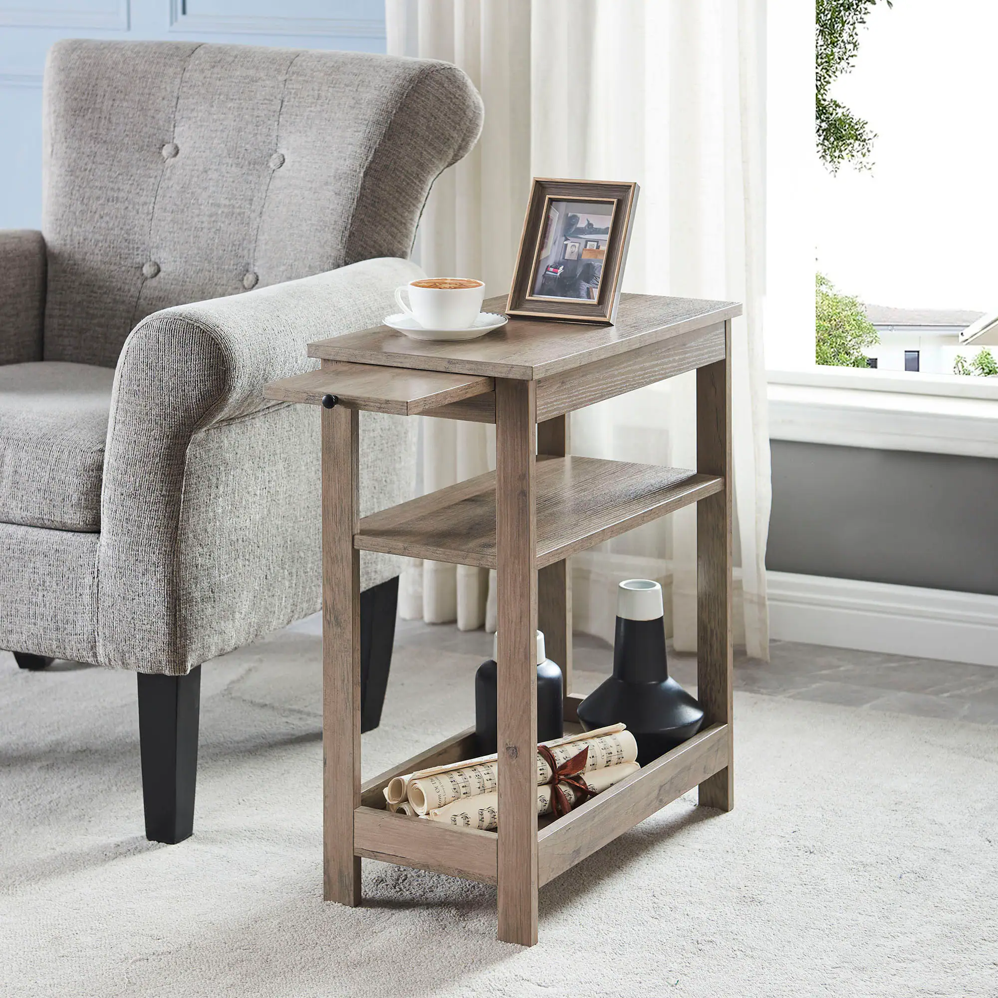 Front. Kings Brand Furniture - Kings Brand Furniture Slim Wood Side End Table with Storage Shelves & Pull-Out Tray - Charcoal.