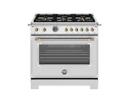 Bertazzoni - 36" Heritage Series 5.7 Cu. Ft. Freestanding Dual Fuel Range - Stainless Steel/Gold - Stainless Steel