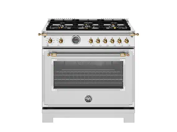 Front. Bertazzoni - 36" Heritage Series 5.7 Cu. Ft. Freestanding Dual Fuel Range - Stainless Steel/Gold - Stainless Steel.