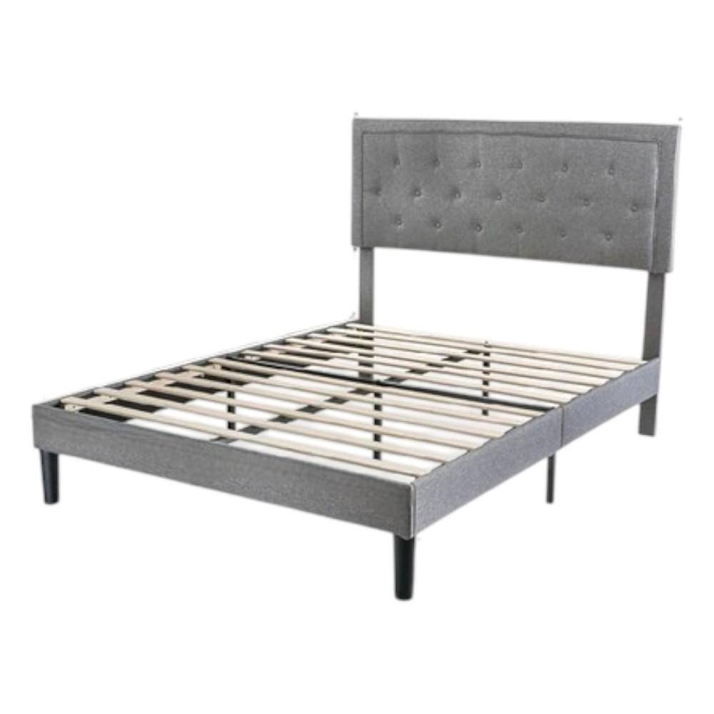 Front. Hivvago - Full size Grey Linen Upholstered Platform Bed Frame with Button-Tufted Headboard - Grey.