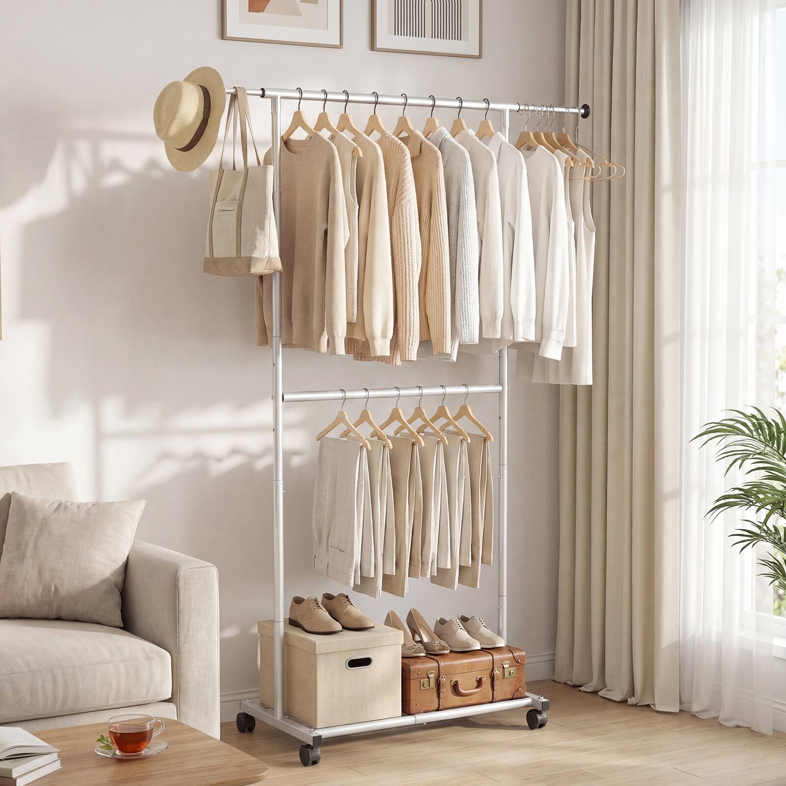 Alt View 1. Costway - Costway Rolling Clothes Rack, Double-Rod Extendable Garment Stand for Hanging Clothes - Silver.