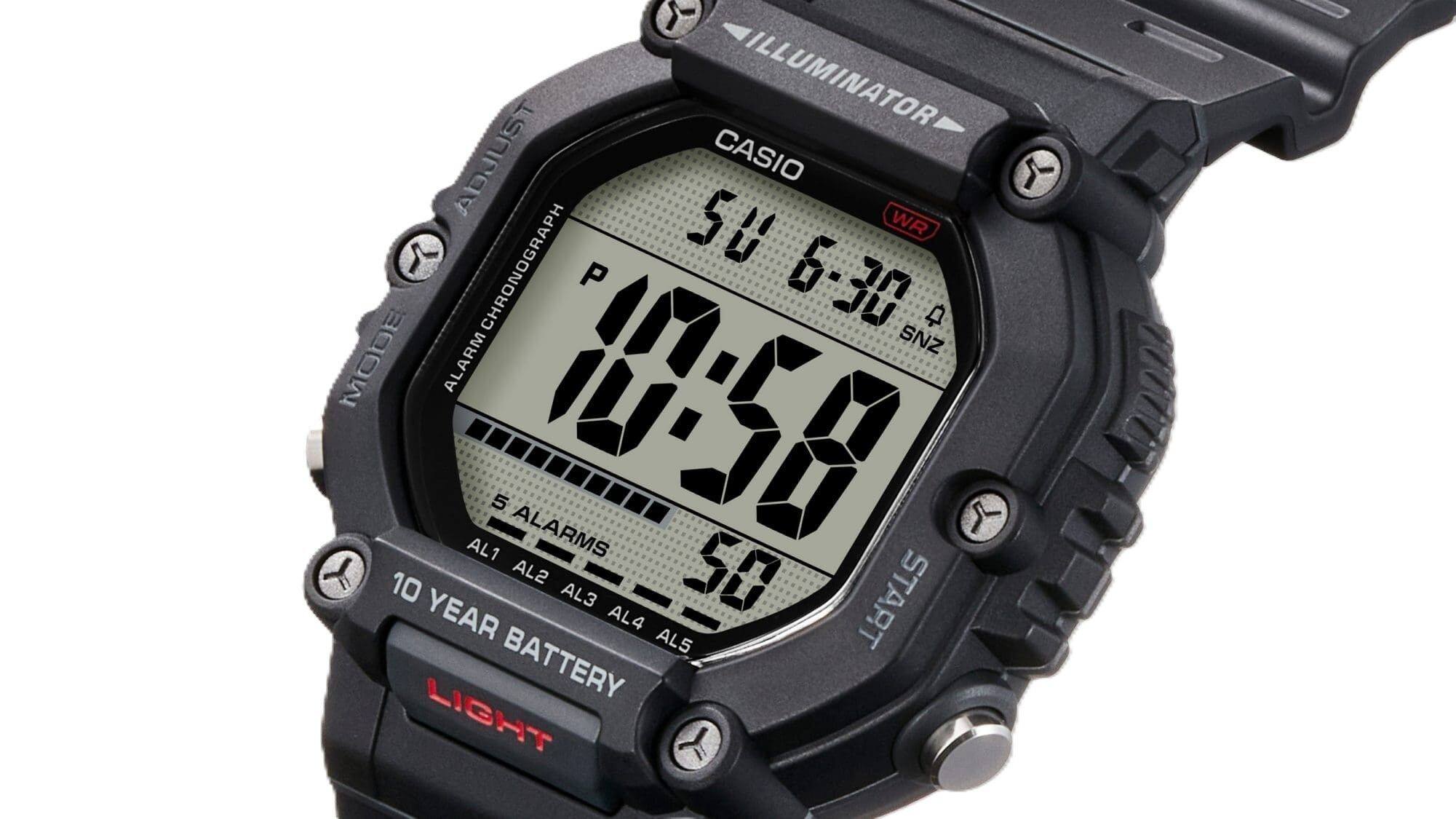 ILLUMINATOR  
ADJUST  
CASIO  
WR  
5U  
6-30  
SNZ  
MODE  
ALARM  
10:58  
5 ALARMS  
AL1 AL2 AL3 AL4 AL5  
10 YEAR BATTERY  
LIGHT