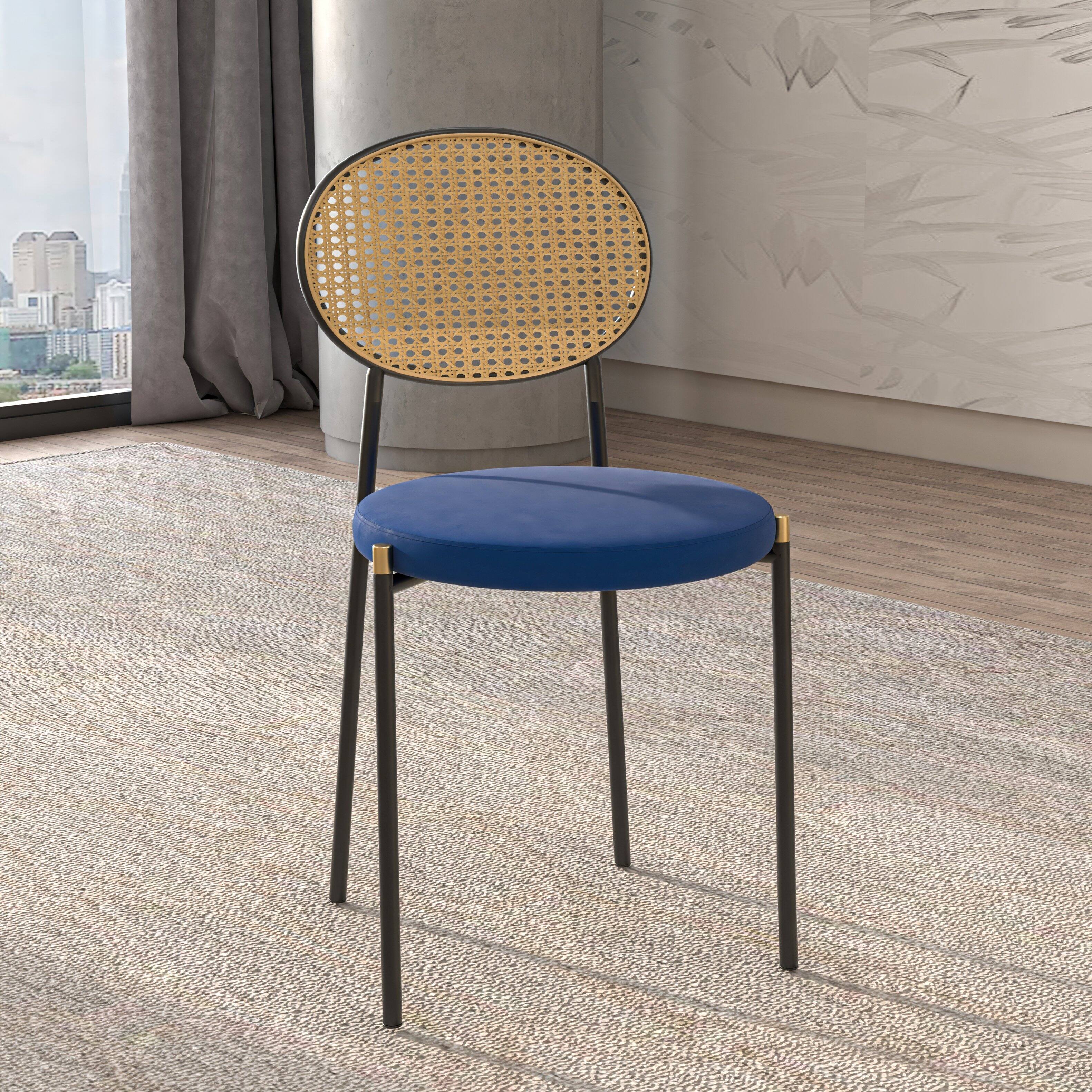 Angle. LeisureMod - Euston Modern Gold Tip Dining Chair, Mid-Century Rattan Cane Back Accent Armless Chair - Velvet Upholstered Cushion - Navy Blue.