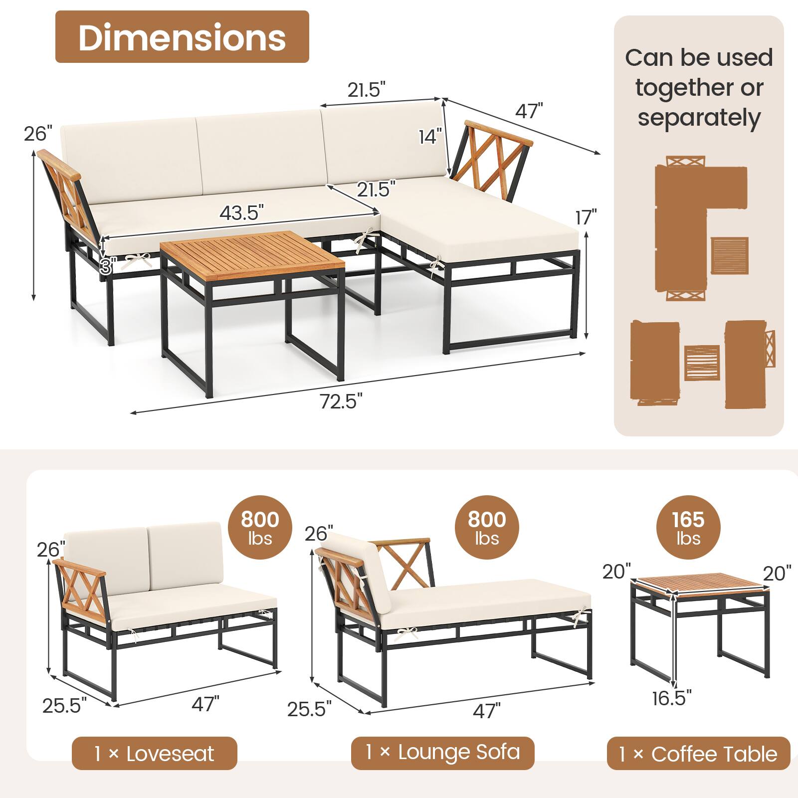 Dimensions  
21.5" 26" 14" 47" 43.5" 21.5" 17" 72.5" 26" 800 lbs 26" 800 lbs 20" 165 lbs 20" 25.5" 47" 25.5" 47" 16.5"  
1 x Loveseat  
1 x Lounge Sofa  
1 x Coffee Table  

Can be used together or separately