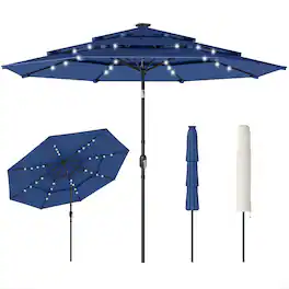 Outsunny - ft Outdoor Patio Umbrella with Solar LED Lights, 3 Tier Outdoor Table Umbrella with Tilt, Crank - Navy Blue
