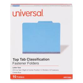 Universal - Bright Colored Pressboard Folders, 2" Expansion, 2 Dividers, 6 Fasteners, Letter Size, Cobalt Blue, 10/Box
