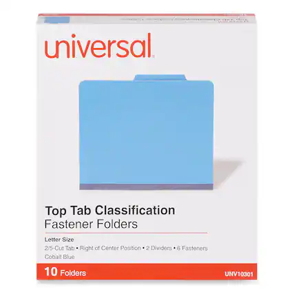 Universal
Top Tab Classification Fastener Folders
Letter Size
2/5-Cut Tab • Right of Center Position • 2 Dividers • 6 Fasteners
Cobalt Blue
10 Folders
UNV10301