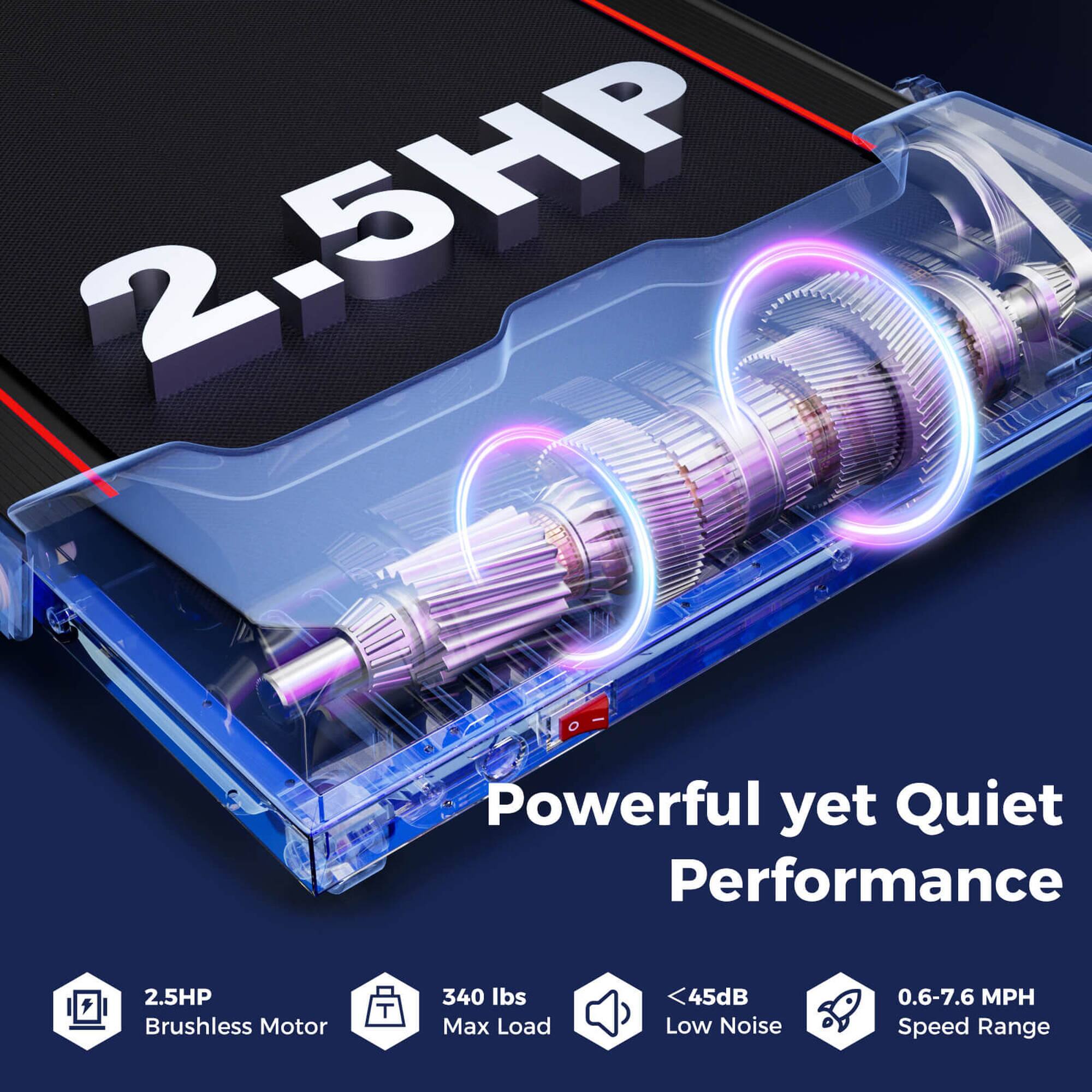 2.5HP Powerful yet Quiet Performance  
2.5HP Brushless Motor  
340 lbs Max Load  
<45dB Low Noise  
0.6-7.6 MPH Speed Range