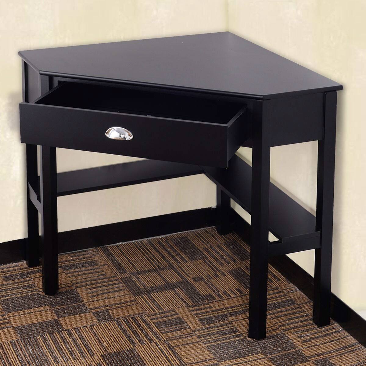 Left. SlickBlue - Compact Corner Computer Desk with Wooden Finish and Drawer - Black.