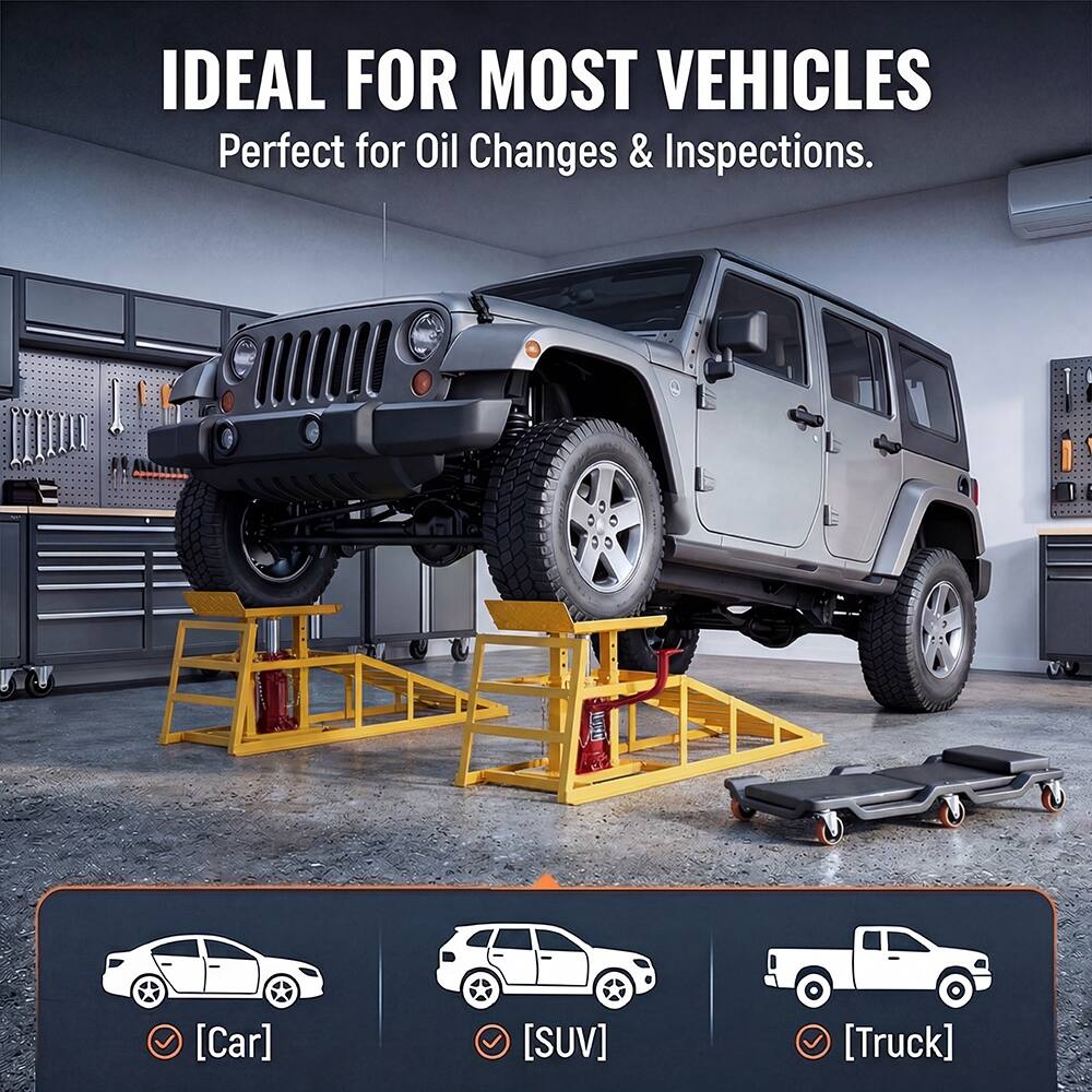 IDEAL FOR MOST VEHICLES  
Perfect for Oil Changes & Inspections.  
[Car]  
[SUV]  
[Truck]