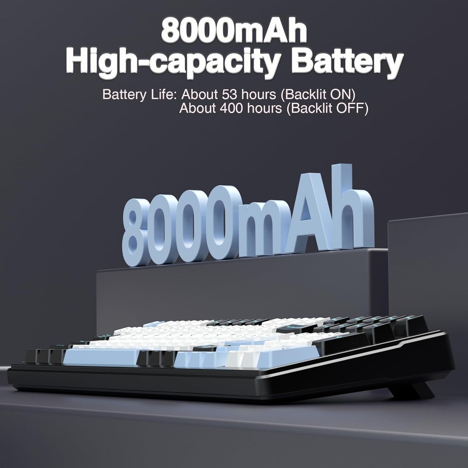 8000mAh High-capacity Battery

Battery Life: About 53 hours (Backlit ON)  
About 400 hours (Backlit OFF)