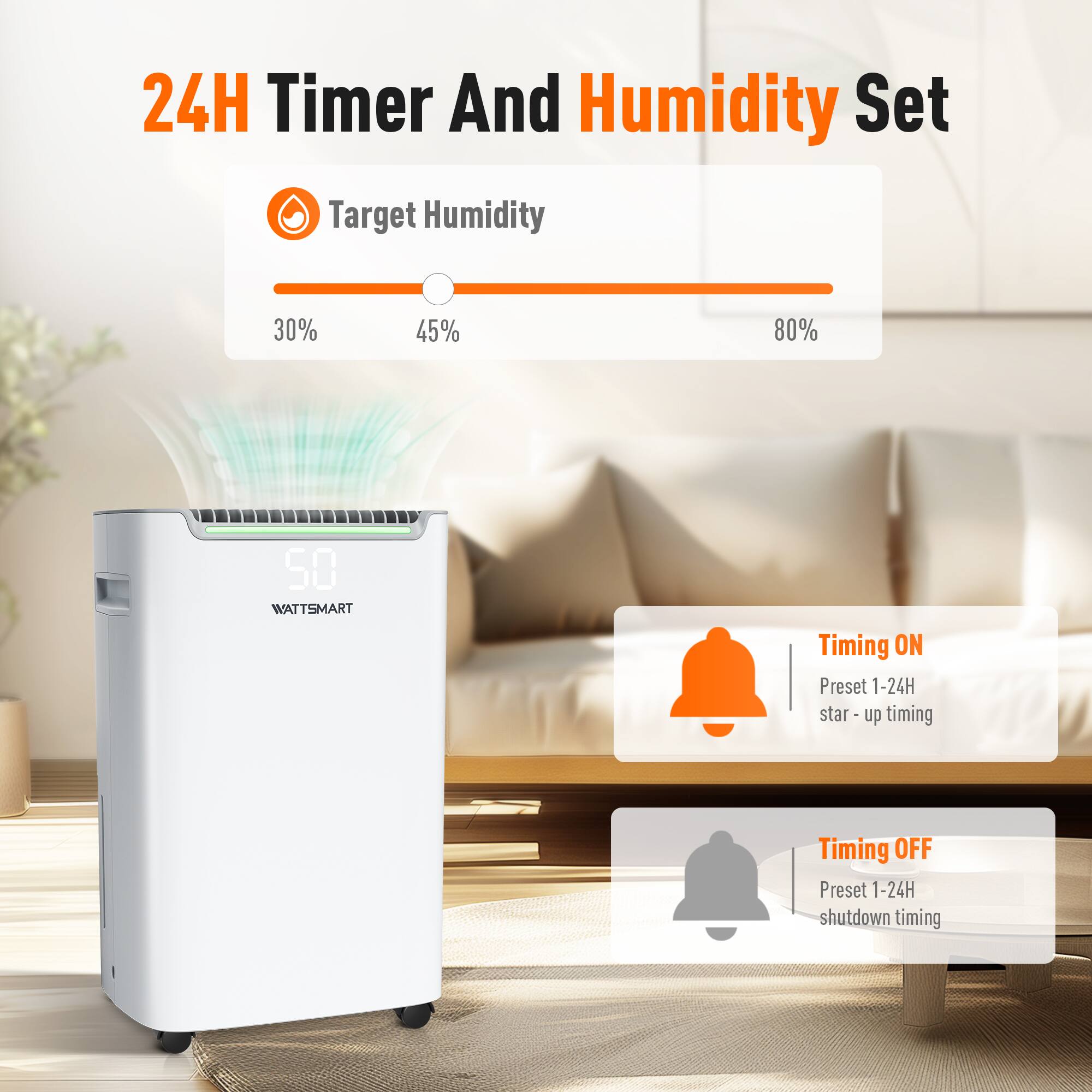 24H Timer And Humidity Set

Target Humidity
30% 45% 80%

WATTSMART

Timing ON Preset 1-24H star - up timing
Timing OFF Preset 1-24H shutdown timing