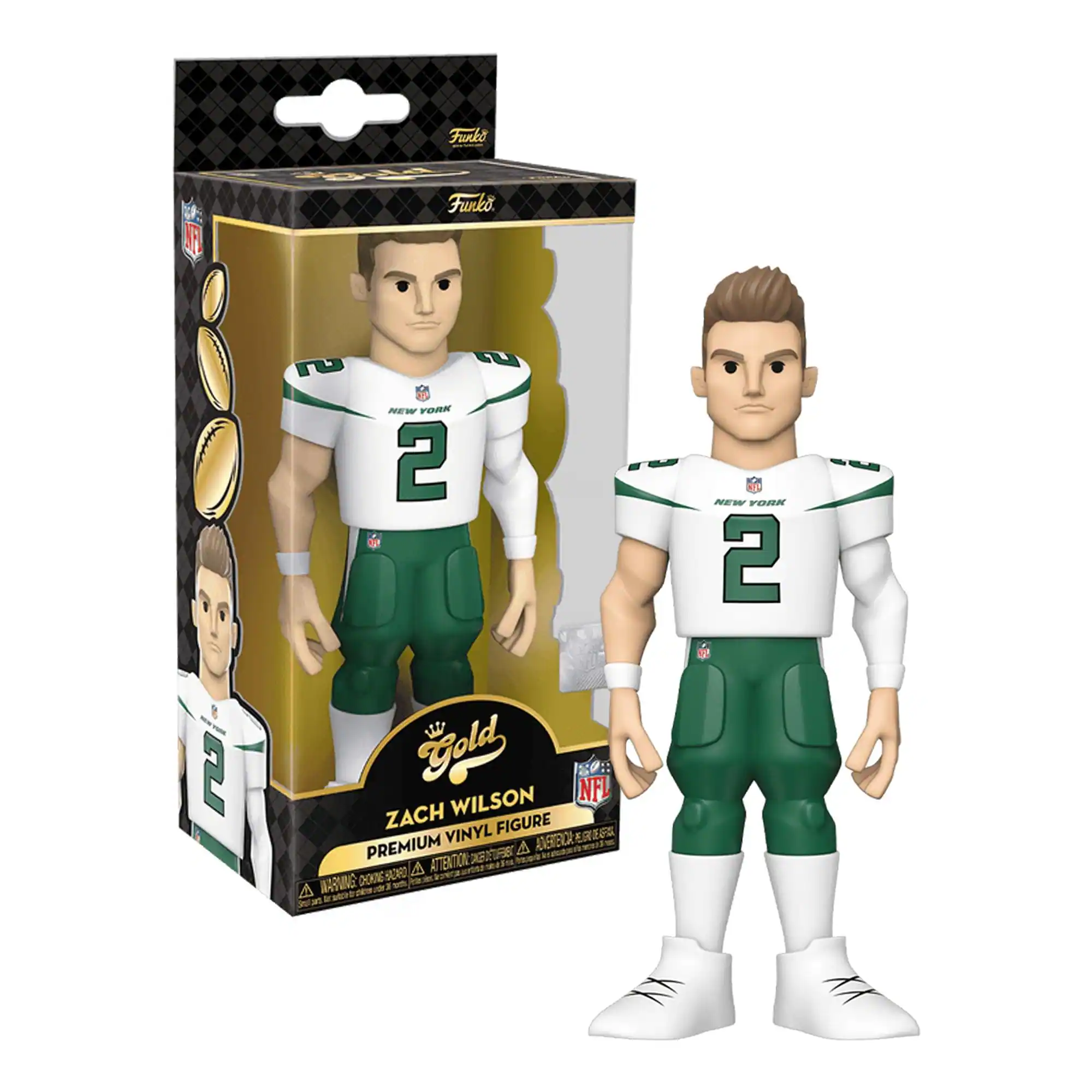 Funko  
Gold  
Zach Wilson  
Premium Vinyl Figure  
New York 2  
NFL  
Warning: Choking Hazard - Small parts. Not for children under 3 years.