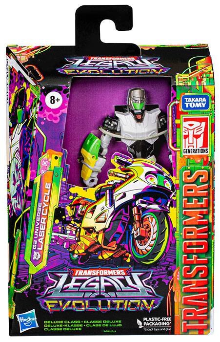 Sure, here is the corrected and grouped text from the image:

---

**Transformers: JESPA Evolution**

**Takara Tomy Generations**

**Cycle Universe Laser G2**

**Deluxe Class**

**Plastic-Free Packaging**  
*Except tape and glue*

**8+**

**Hasbro**

**Transformers**

**Deluxe Class**

**Classe de Luxe**

**Deluxe-Klasse**

**Classe Deluxe**

**Laser G2**

**Cycle Universe**

**Transformers: JESPA Evolution**

**Takara Tomy Generations**

**8+**

**Plastic-Free Packaging**  
*Except tape and glue*

---
