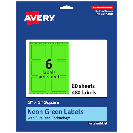 Go to avery.com/templates
AVERY
Use Avery Template Presta* 94101
6 labels per sheet
80 sheets
480 labels
3" x 3" Square
Neon Green Labels with Sure Feed Technology for Laser/Inkjet