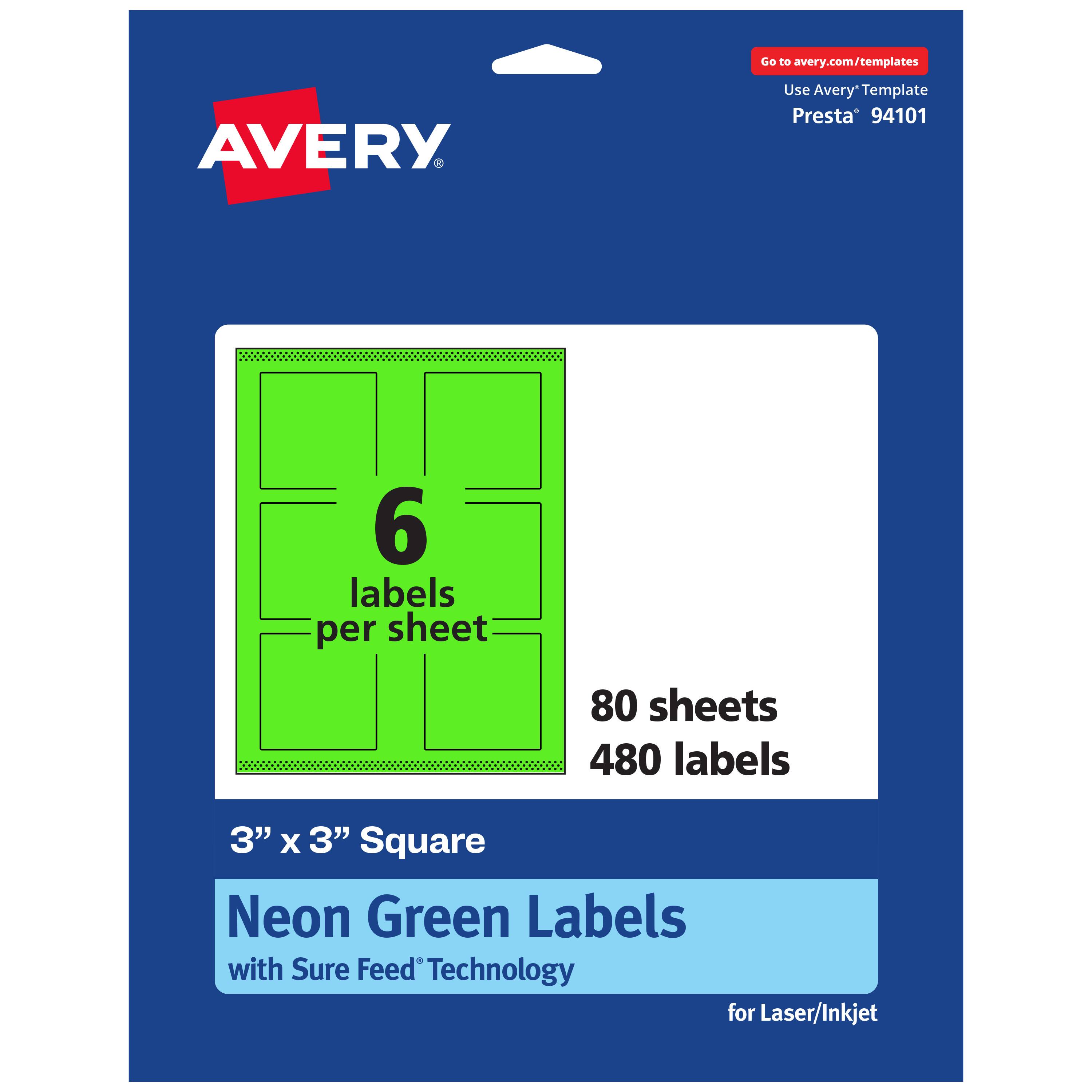 Go to avery.com/templates

AVERY

Use Avery Template Presta* 94101

6 labels per sheet

80 sheets

480 labels

3" x 3" Square

Neon Green Labels with Sure Feed Technology for Laser/Inkjet