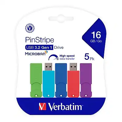 PinStripe
USB 3.2 Gen 1 Drive
MICROBAN®
High speed data transfer
16 GB/Go
5 Pk
Verbatim