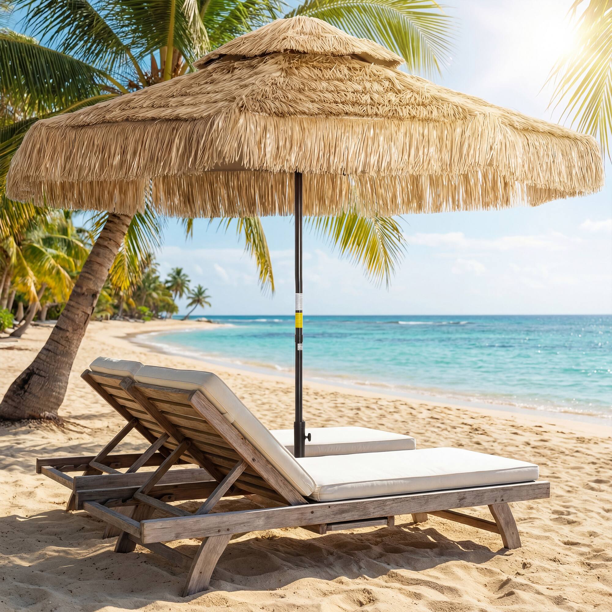 Alt View 8. Outsunny - FT Hula Thatched Tiki Patio Umbrella, 2-Tier Tropical Hawaiian Style Outdoor Umbrella with 8 Ribs - Khaki.