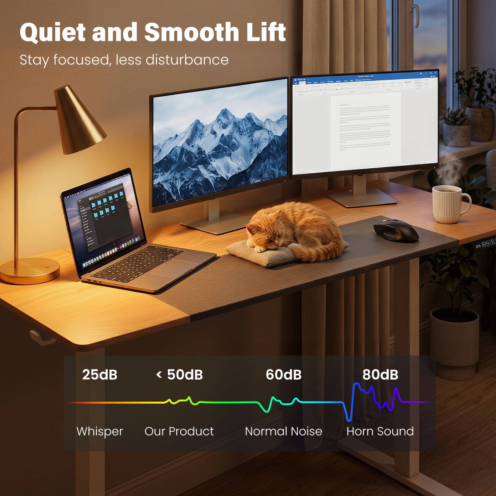 Quiet and Smooth Lift  
Stay focused, less disturbance  

25dB < 50dB 60dB 80dB  
Whisper Our Product Normal Noise Horn Sound